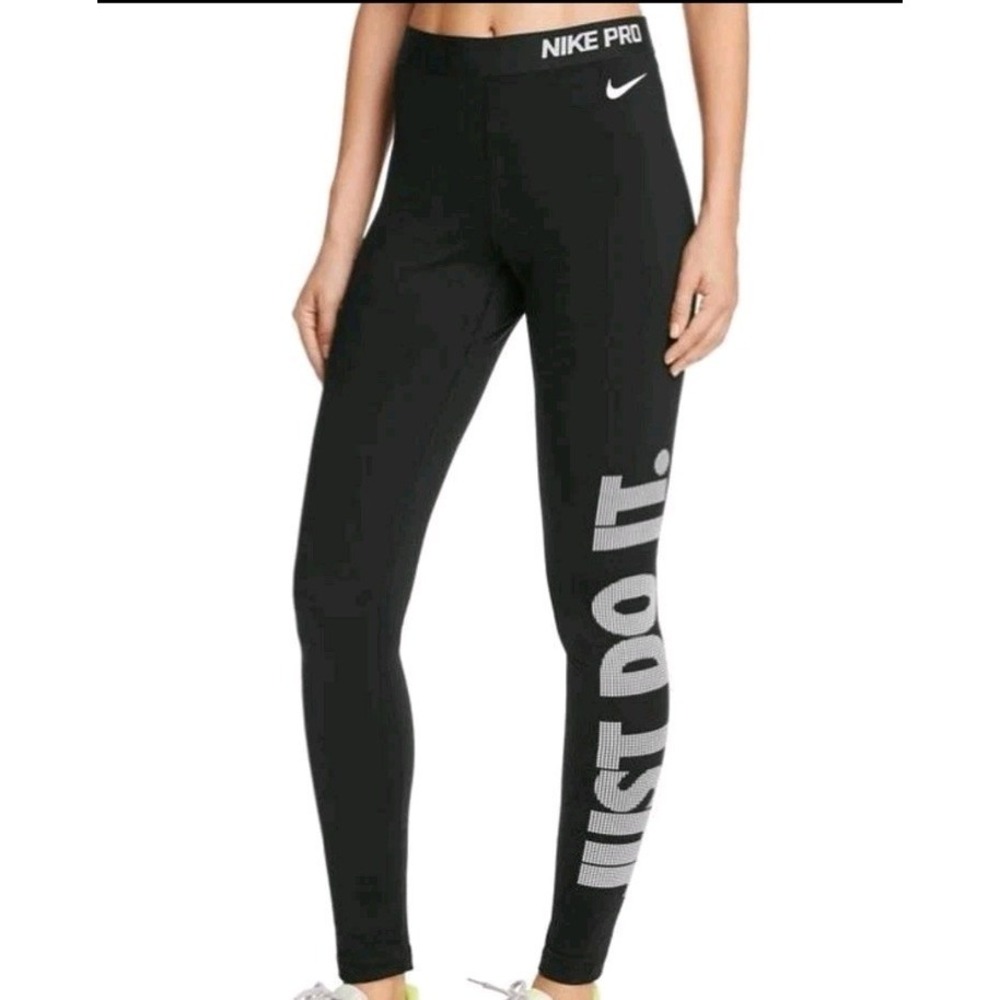 Nike Pro Dri-FIT Women's Sz XL Ankle Leggings Black White Just Do It Logo - Picture 2 of 12